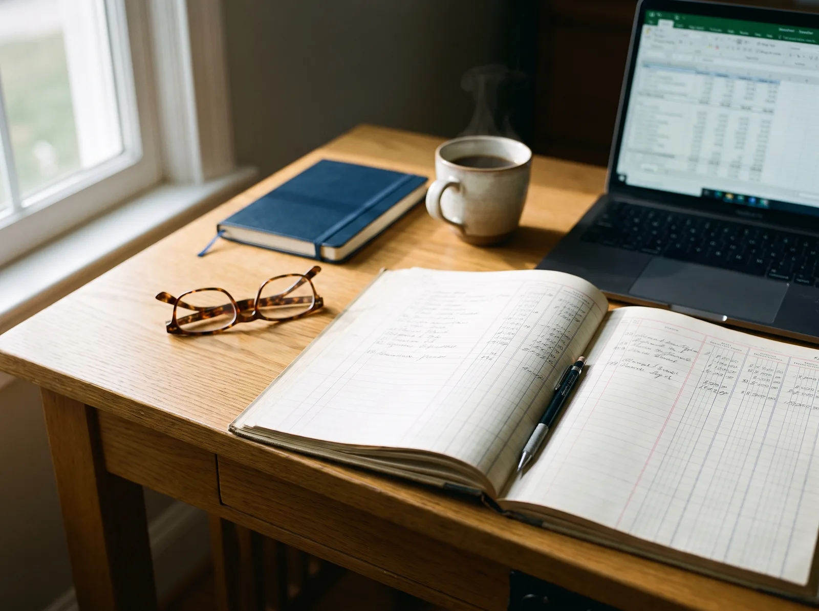An open paper ledger, reading glasses, and a laptop on a tidy desk in morning light