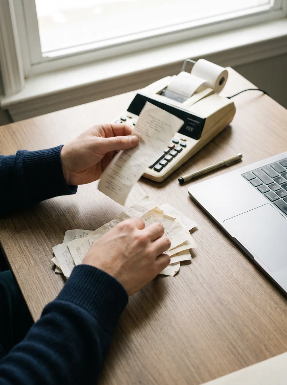 A bookkeeper's hands sorting paper receipts beside a desktop calculator