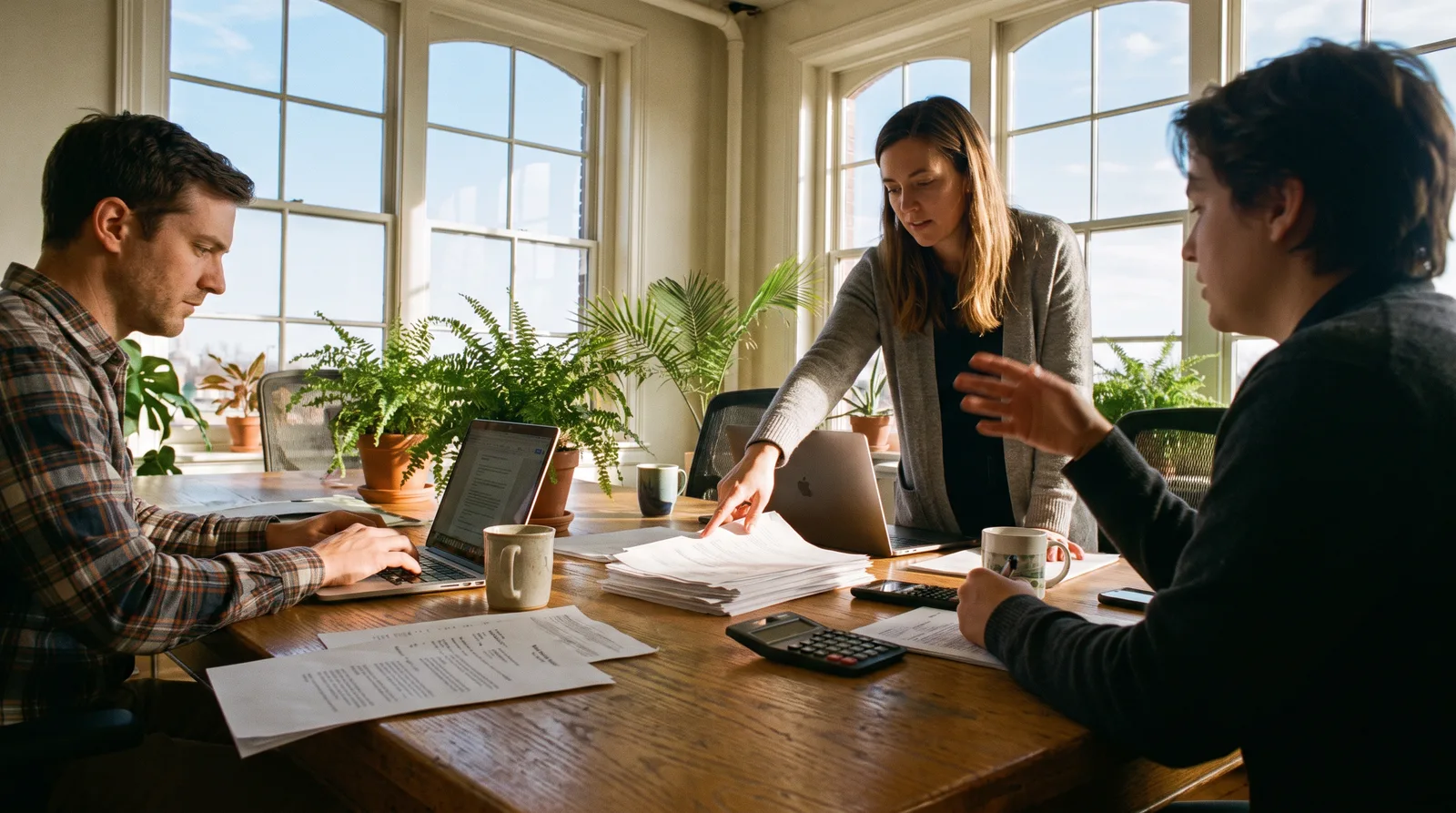 A small accounting team working over printed reports and laptops at a shared table in a bright office