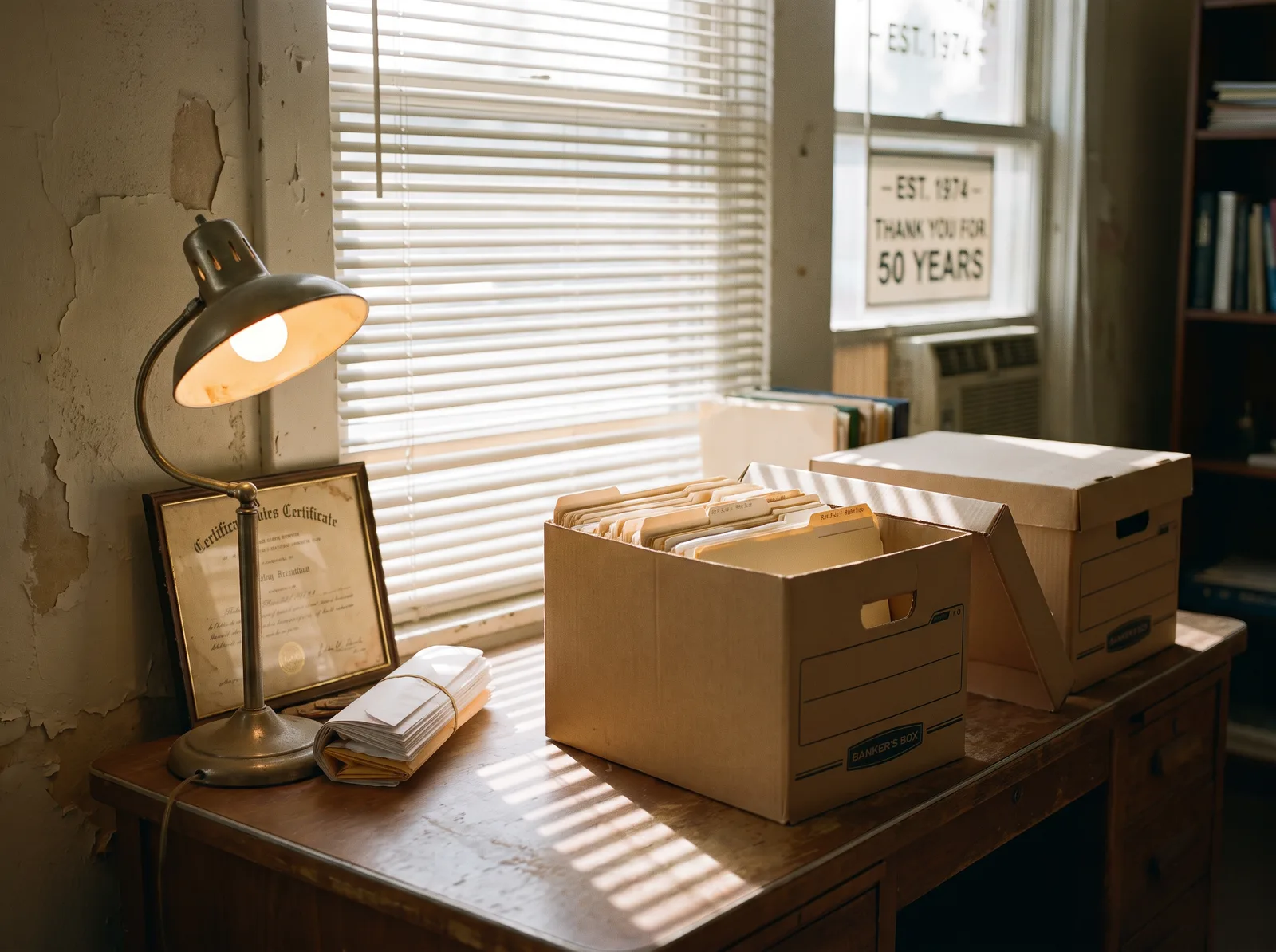 Banker's boxes of client folders on a desk in a retiring accountant's sunlit office